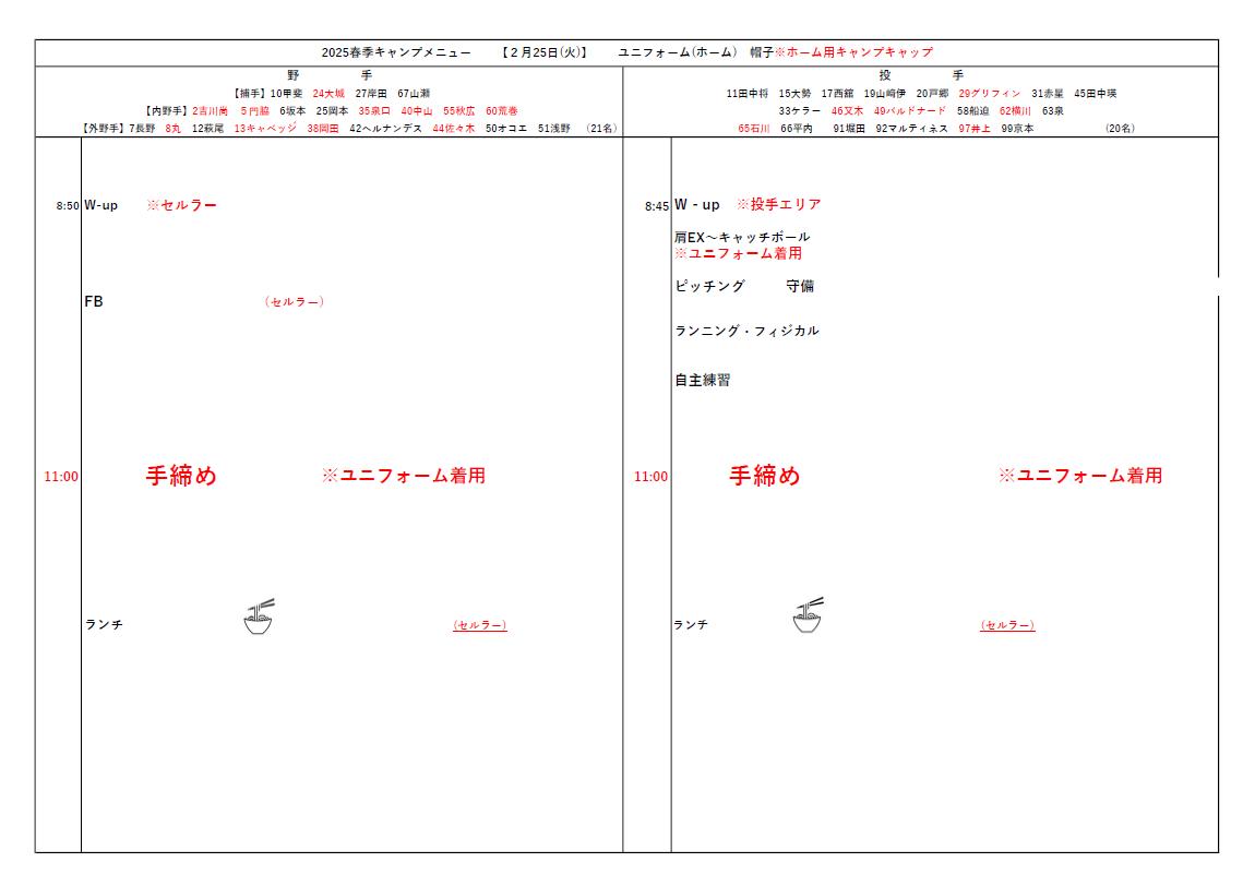 春季キャンプ2025 本日の練習メニュー | 読売ジャイアンツ（巨人